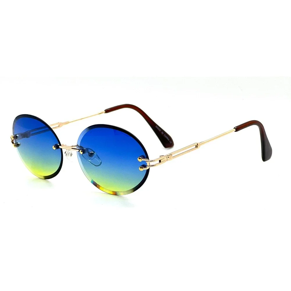 Rimless Oval Sunglasses‎ Blue Yellow Gradient Lens Gold Accents Fashion Luxury